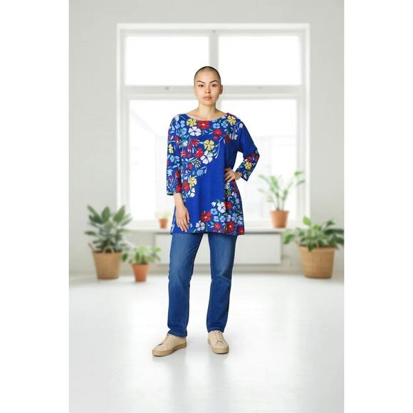 MULTIPLES Plus Size 2X Shirt Three Quarters Sleeve Bateau Neck Side Button Tunic - Picture 1 of 8